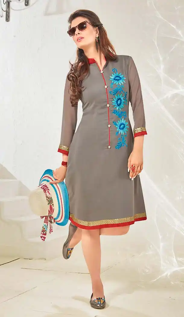Slate Color Cotton & Satin Straight Readymade Kurtis | FH494875838