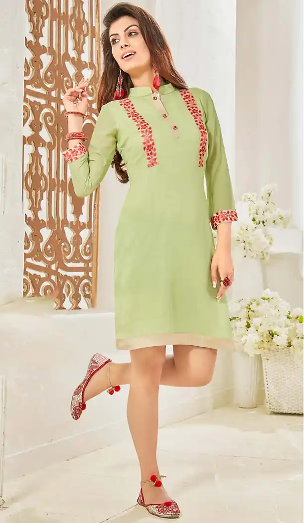 Aloe Vera Green Color Cotton & Satin Straight Readymade Kurtis | FH494875839