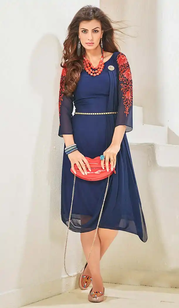 Navy Blue Color Cotton & Satin Anarkali Readymade Kurtis | FH494875840