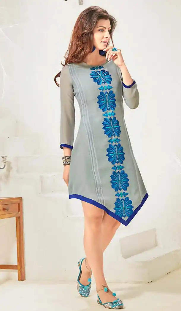 Slate Color Cotton & Satin A-line Readymade Kurtis | FH494875844