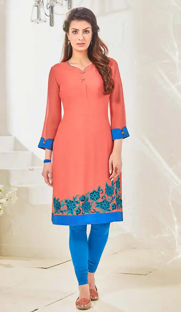 Salmon Color Cotton & Satin Straight Readymade Kurtis | FH494875846