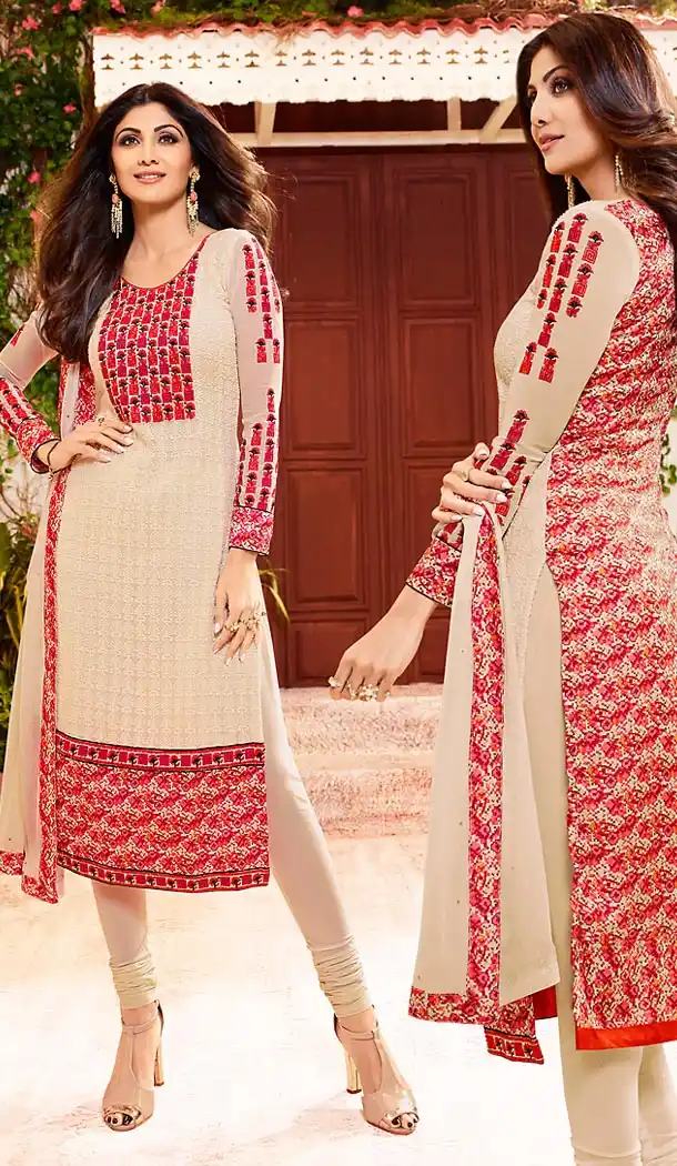 Shilpa Shetty Beige Color Georgette Straight Cut Salwar Kameez | FH496476051