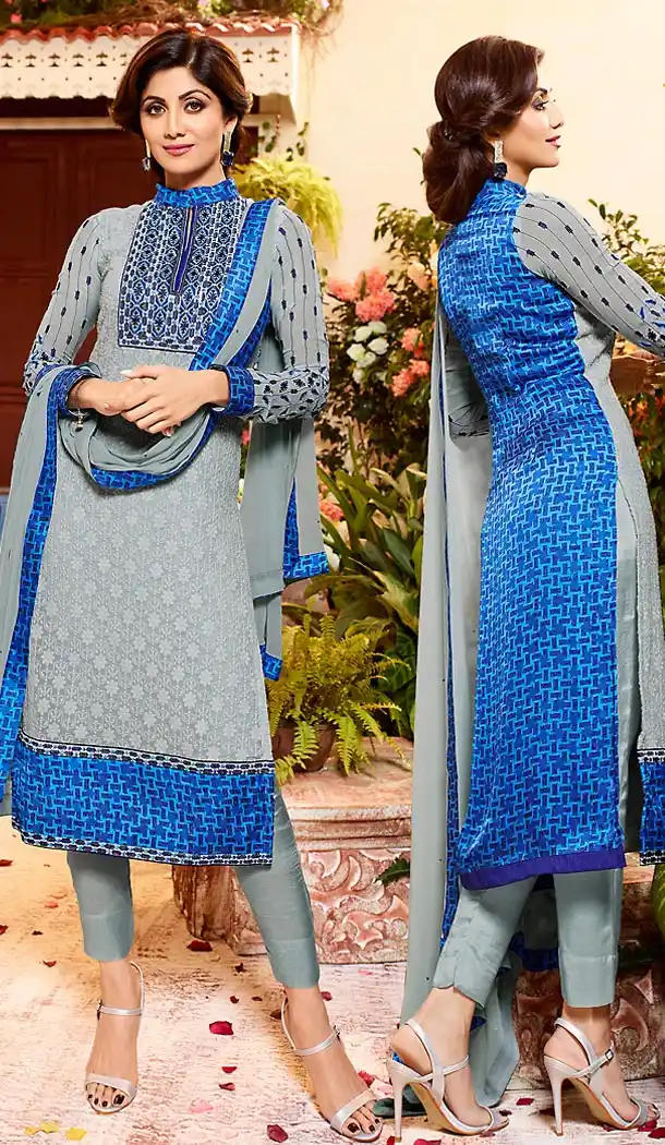 Shilpa Shetty Slate Grey Color Georgette Straight Cut Salwar Kameez | FH496476053