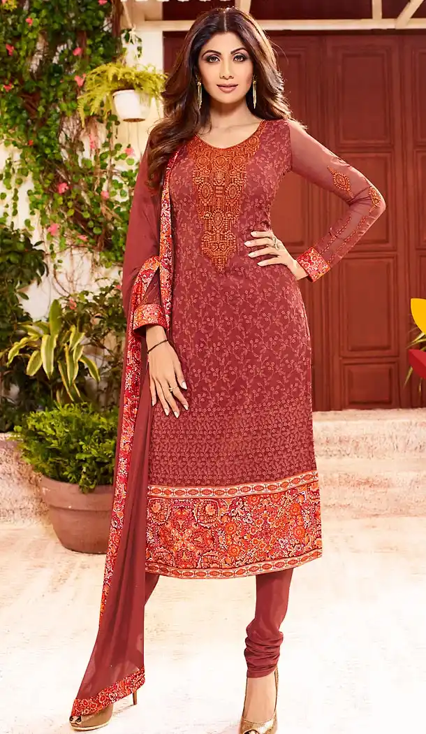 Shilpa Shetty Slate Brick Red Color Georgette Straight Cut Salwar Kameez | FH496476054