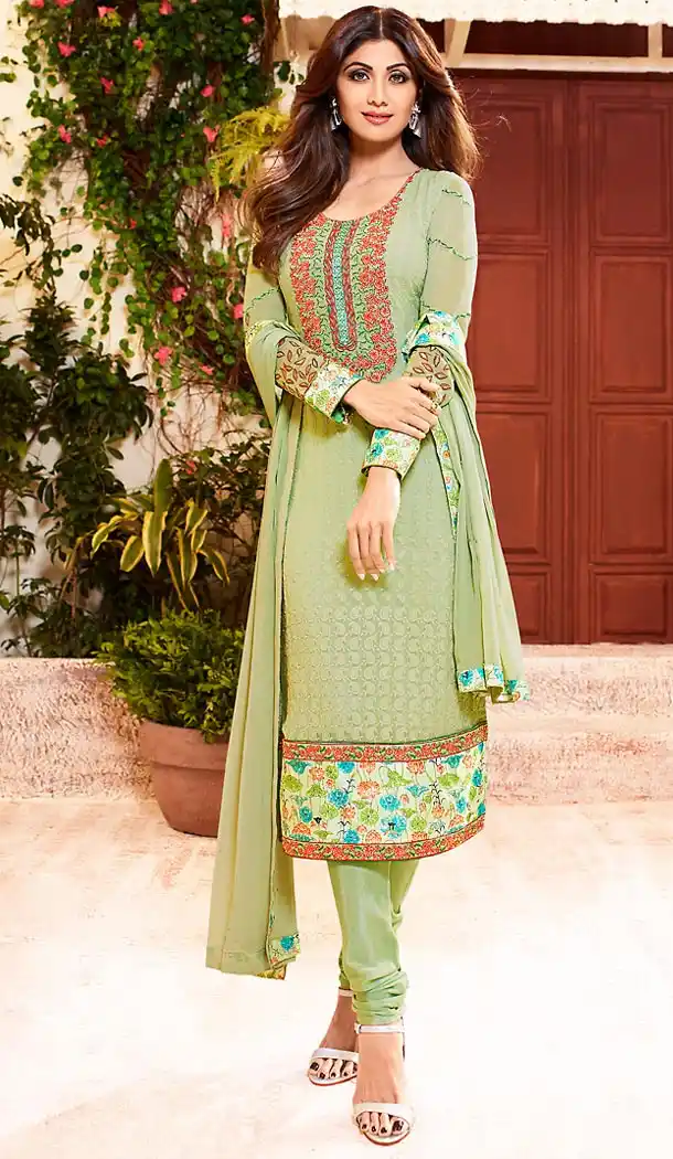 Shilpa Shetty Aloe Vera Green Color Georgette Straight Cut Salwar Kameez | FH496476058