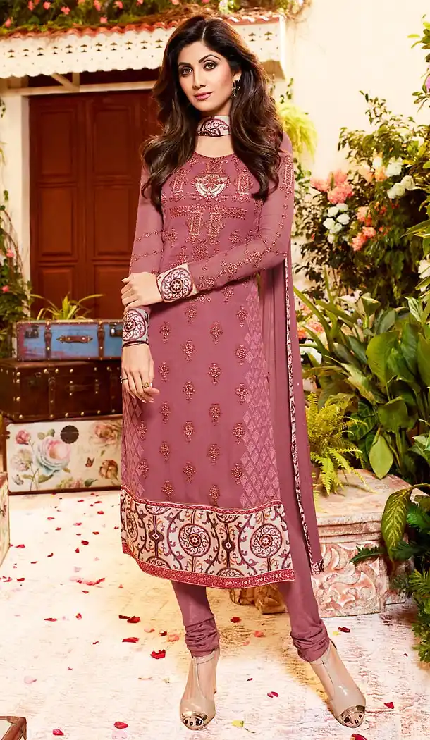 Shilpa Shetty Salmon Color Georgette Straight Cut Salwar Kameez | FH496476059
