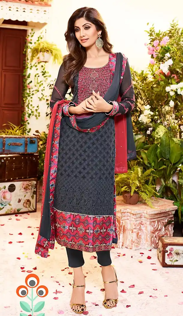 Shilpa Shetty Grey Color Georgette Straight Cut Salwar Kameez | FH496476060