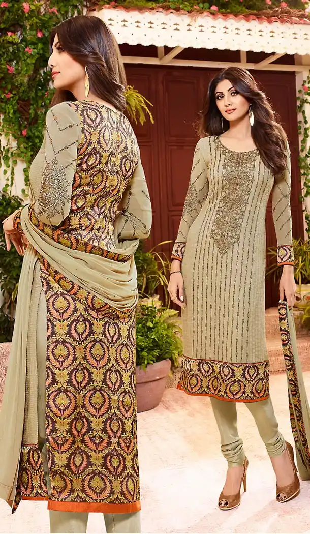 Shilpa Shetty Tan Brown Color Georgette Straight Cut Salwar Kameez | FH496476061