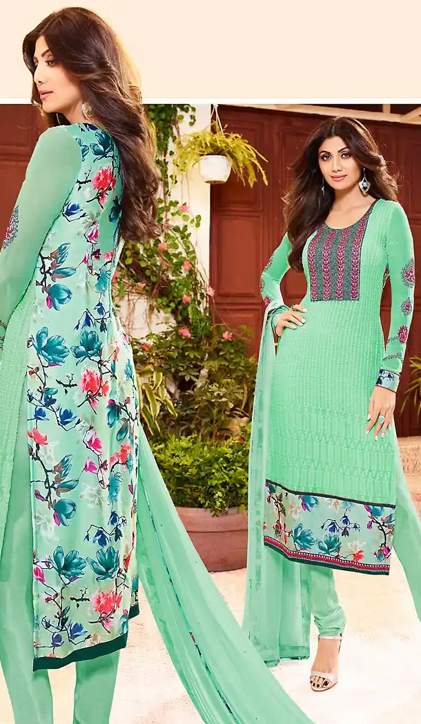 Shilpa Shetty Turquoise Color Georgette Straight Cut Salwar Kameez | FH496476061