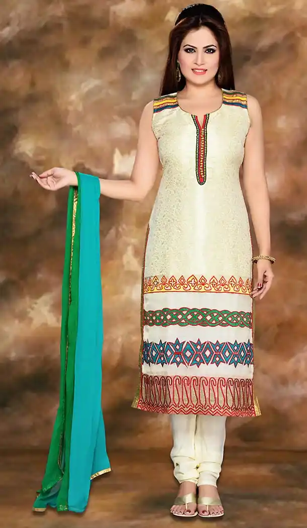 Cream Color Cotton Silk Straight Cut Readymade Churidar Suit | FH496976124