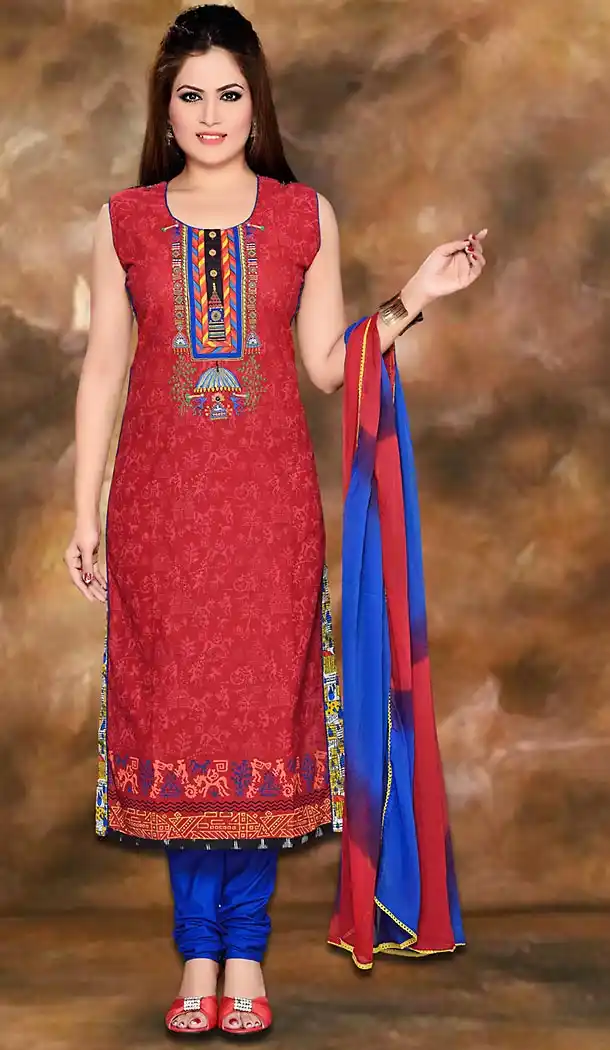 Crimson Color Cotton Straight Cut Readymade Churidar Suit | FH496976126