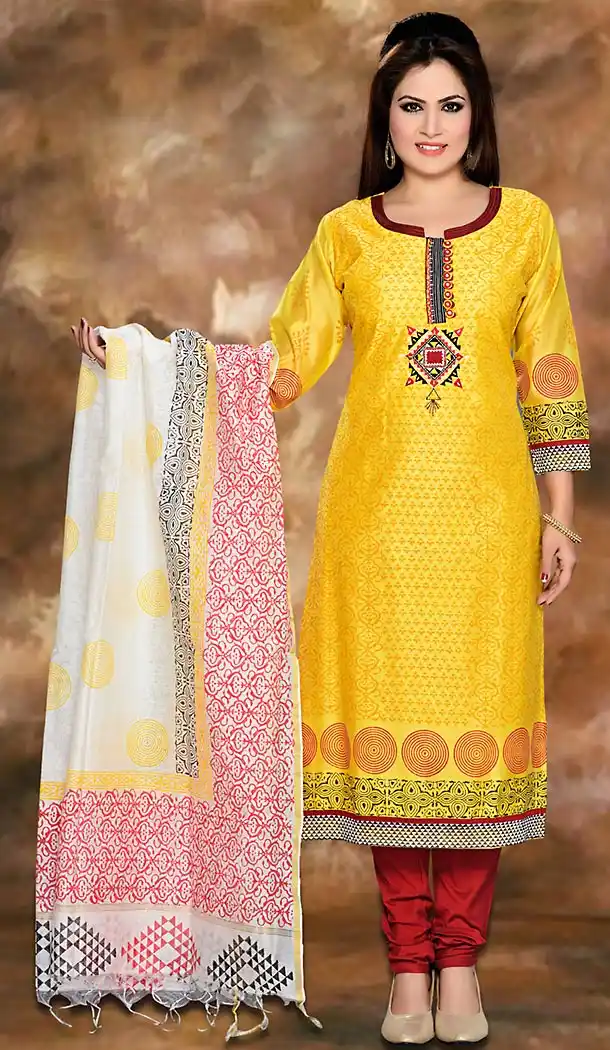 Yellow Color Cotton Silk Straight Cut Readymade Churidar Suit | FH496976130