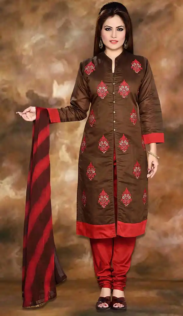Chocolate Color Cotton Silk Straight Cut Readymade Churidar Suit | FH496976134