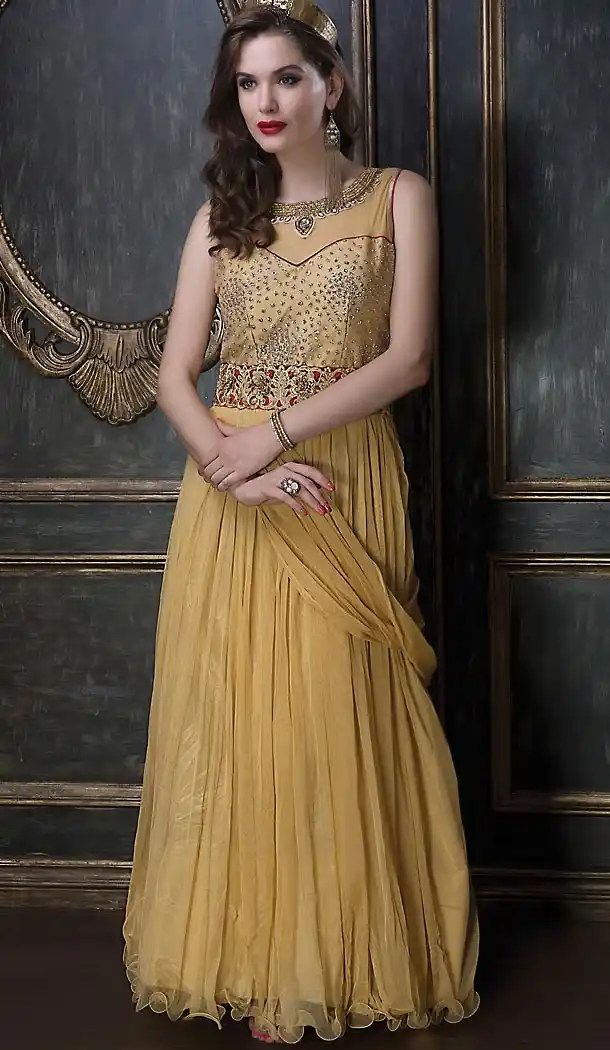Tan Brown Color Net Designer Party Wear Gowns | FH497876167