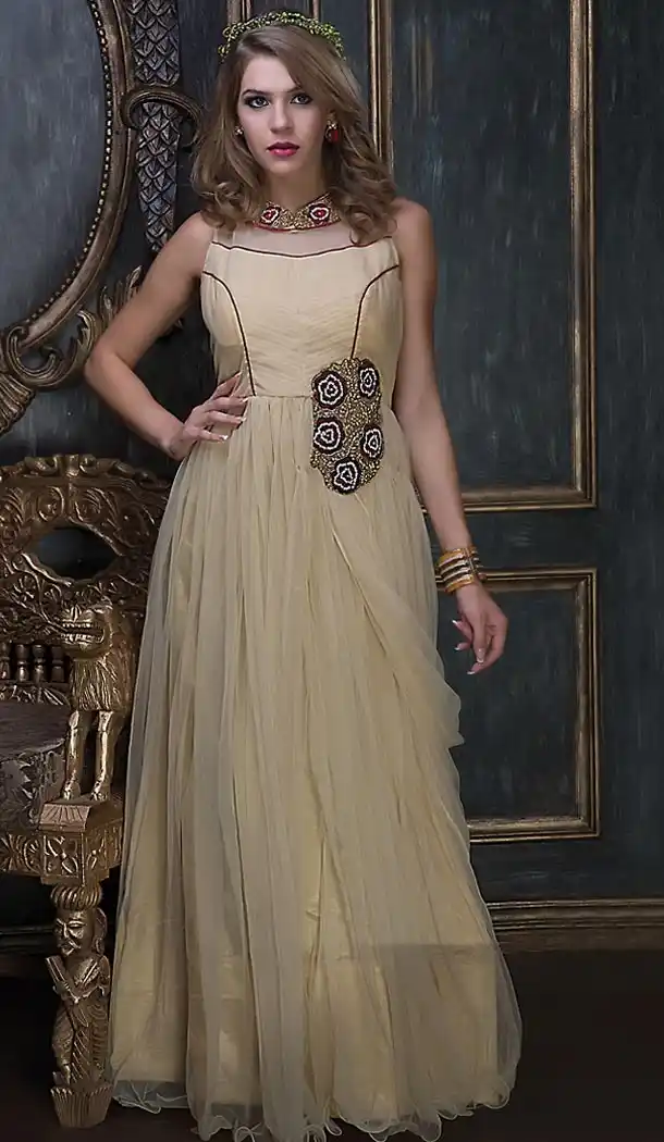 Beige Color Net Designer Party Wear Gowns | FH497876168