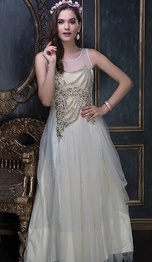 Off White Color Net Designer Party Wear Gowns | FH497876170