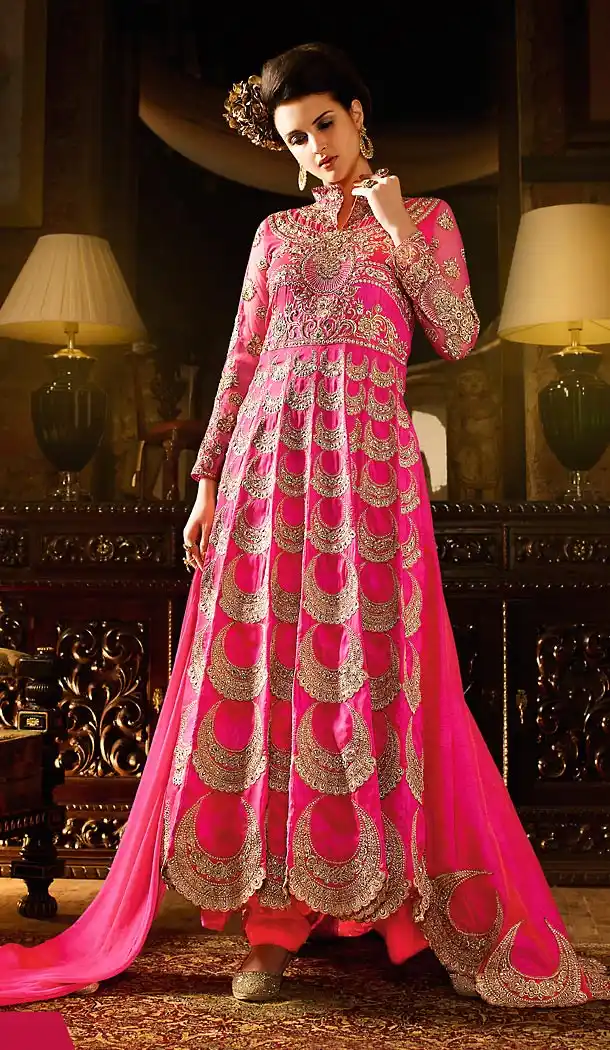 Deep Pink Color Silk Designer Logn Anarkali Suit | FH498076288