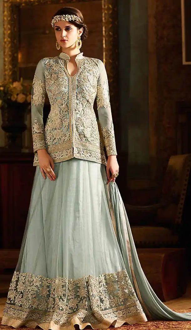 Slate Color Net Designer Logn Anarkali Suit | FH498076289