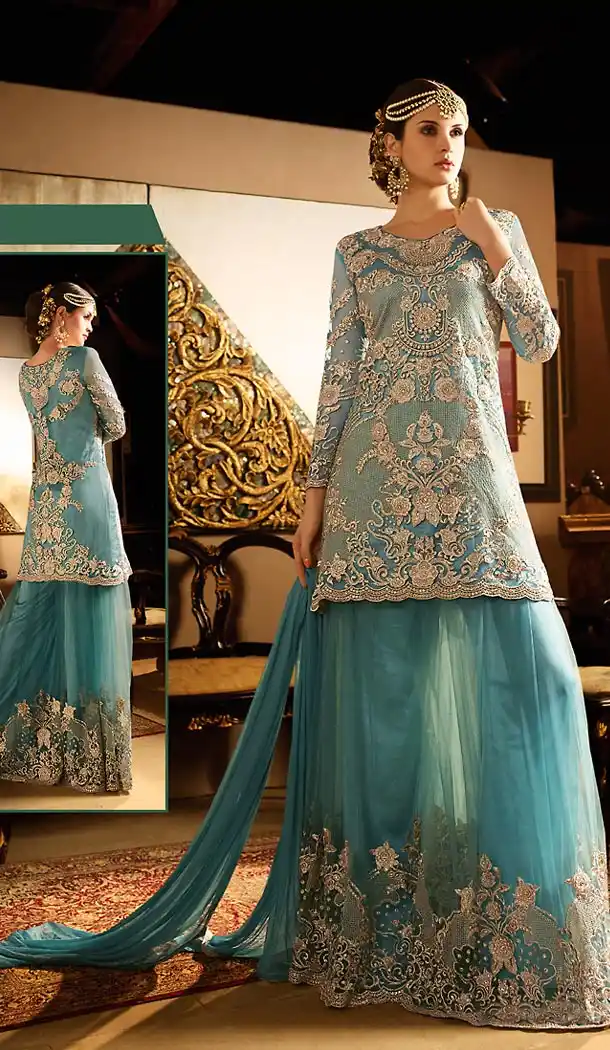 Cadet Blue Color Net Designer A Line Style Palazzo Suit | FH498076293