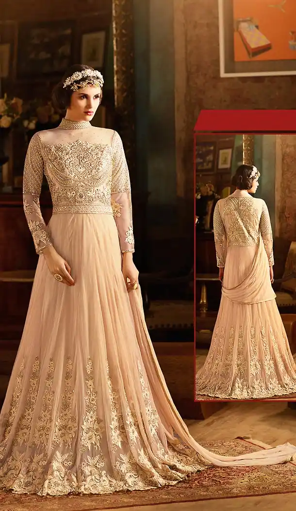 Beige Color Net Designer Long Anarkali Style Churidar Suit | FH498076294