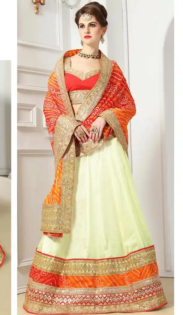 Cream Color Chiffon A Line Style Ladies Lehenga Choli | FH498176296