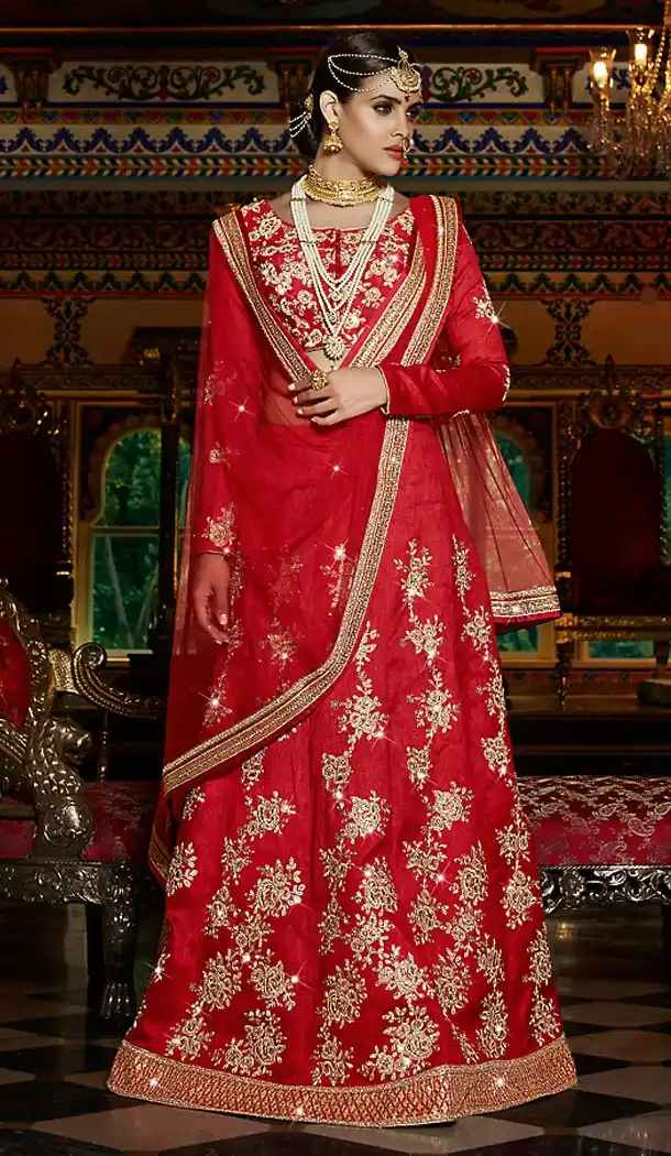 Deep Scarlet Color Silk A Line Style Designer Wear Lehenga Choli | FH498676357