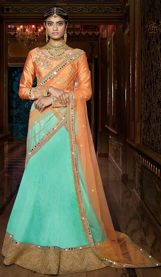 Turquoise Color Silk A Line Style Designer Wear Lehenga Choli | FH498676358