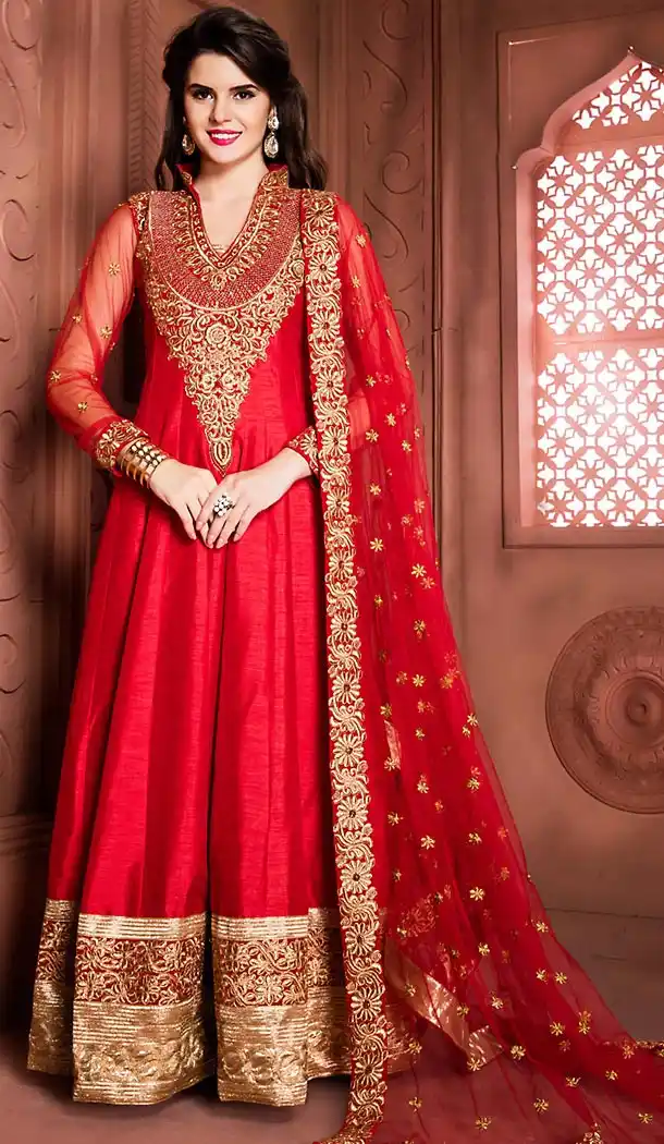 Deep Scarlet Color Silk Long Anarkali Style Churidar Kameez | FH499276408