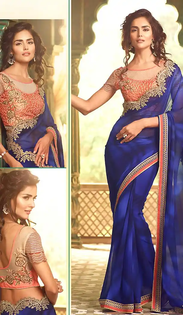 Deep Blue Color Georgette Party Wear Saree Blouse | FH499376410