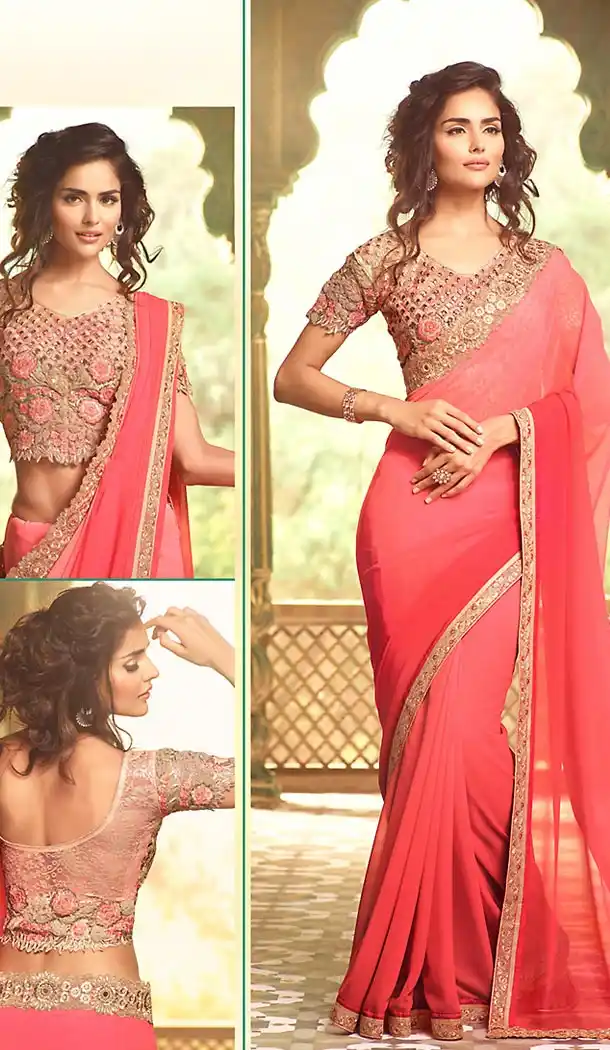 Salmon Color Georgette Party Wear Saree Blouse | FH499376413