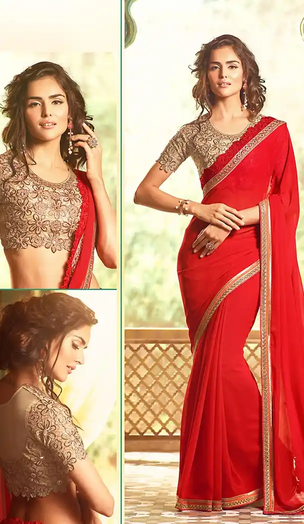 Deep Scarlet Color Georgette Party Wear Saree Blouse | FH499376416