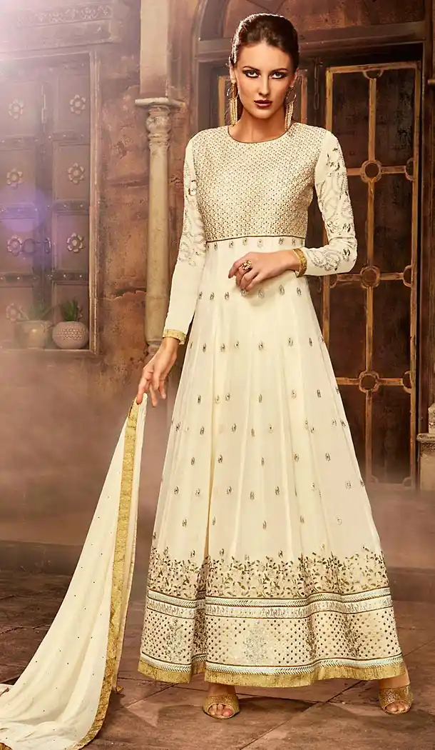 Off White Color Georgette Anarkali Style Churidar Kameez | FH499676452