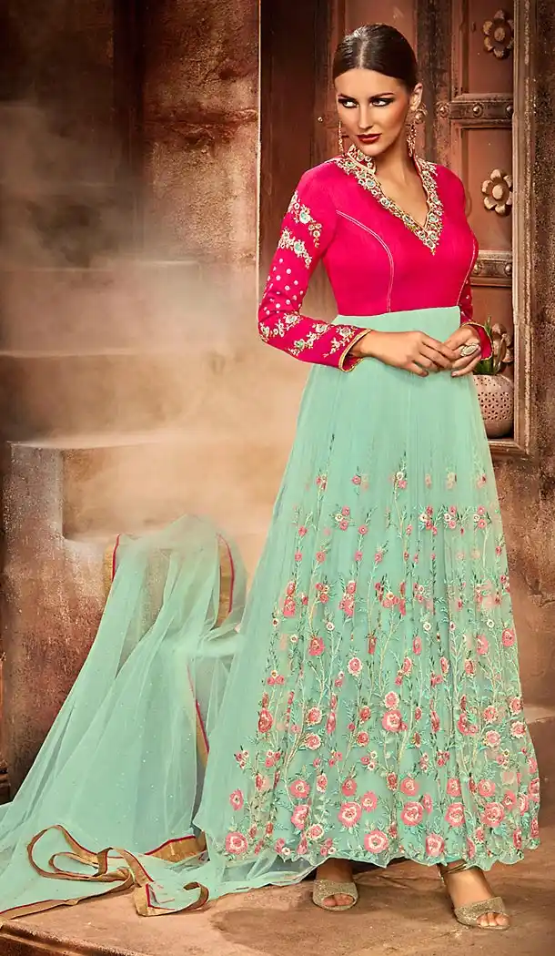 Deep Pink Color Georgette Anarkali Style Churidar Kameez | FH499676453