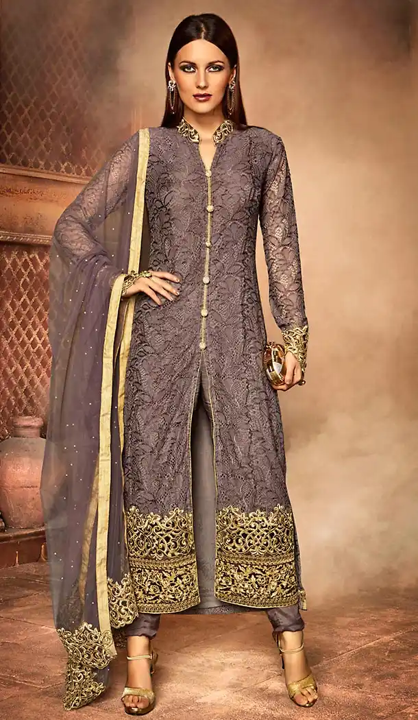 Chocolate Color Net Achkan Style Churidar Kameez | FH499676454