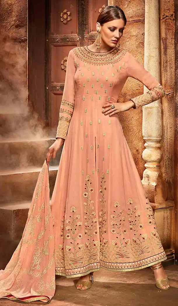 Apricot Color Georgette Achkan Style Churidar Kameez | FH499676455