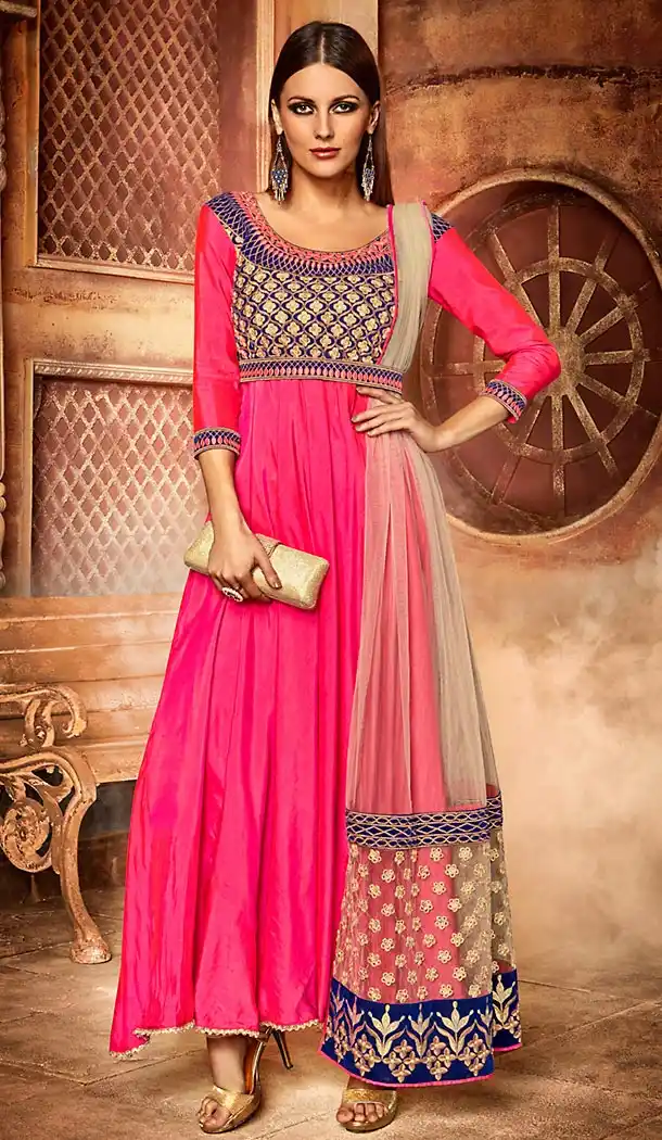 Deep Pink Color Silk Anarkali Style Churidar Kameez | FH499676456