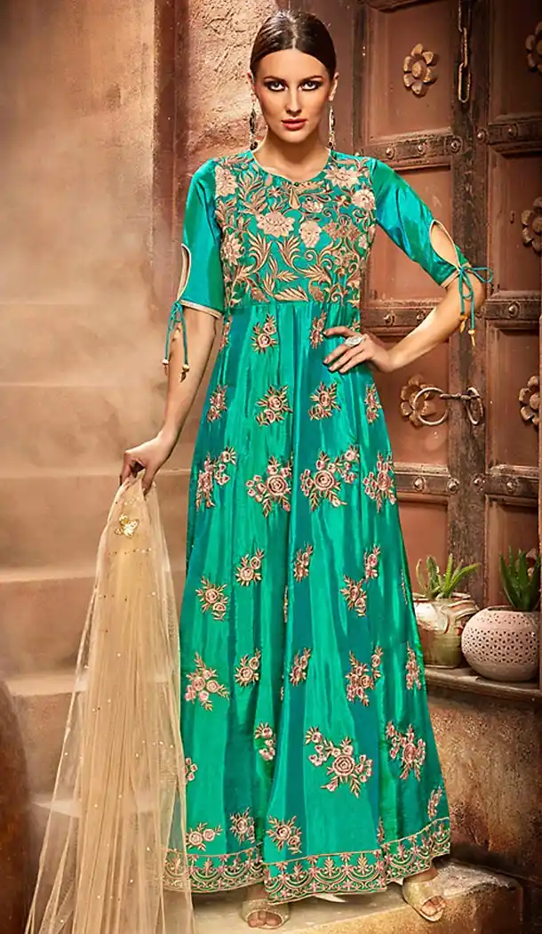 Green Color Silk Anarkali Style Churidar Kameez | FH499676458
