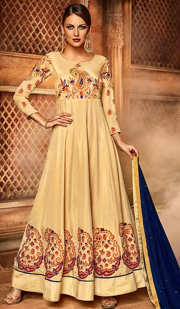French Beige Color Silk Anarkali Style Churidar Kameez | FH499676459