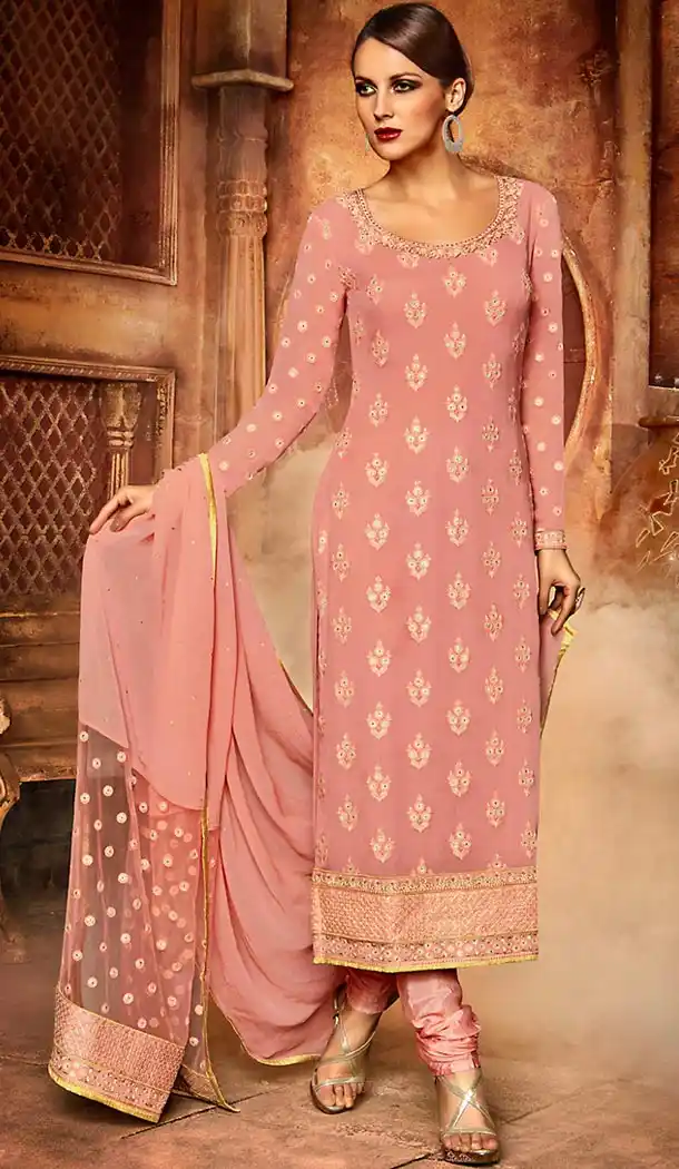 Pink Color Georgette Straight Cut Style Churidar Kameez | FH499676461