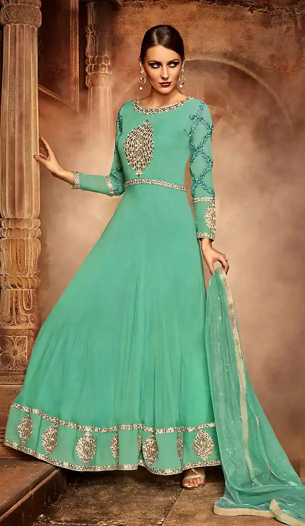 Greenish Blue Color Georgette Anarkali Style Churidar Kameez | FH499676462