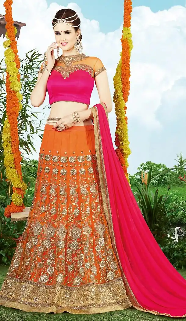 Orange Color Net A Line Style Designer Lehenga Choli | FH499976477