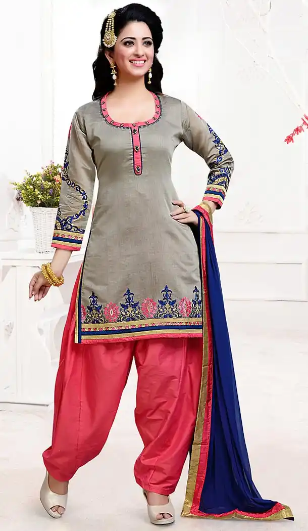 Chanderi Silk Dove Color Straight Cut Style Punjabi Patiyala Readymade Dresses | FH500476554