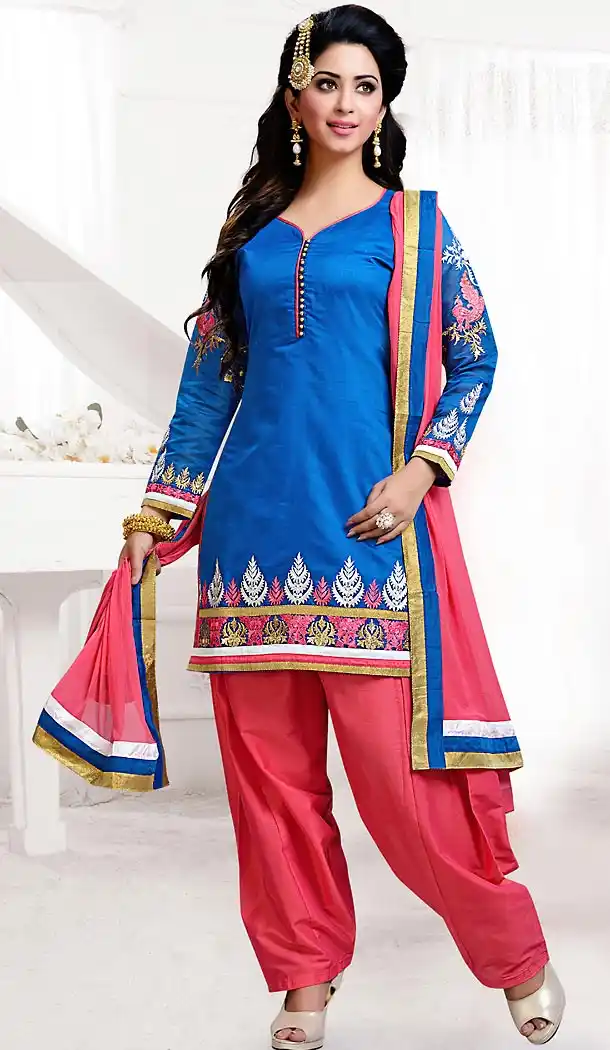 Chanderi Silk Sky Blue Color Straight Cut Punjabi Patiyala Readymade Dresses | FH500476555