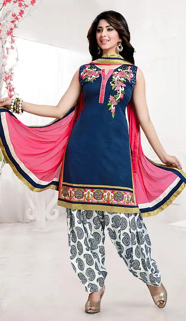 Chanderi Silk Navy Blue Color Straight Cut Punjabi Patiyala Readymade Dresses | FH500476557