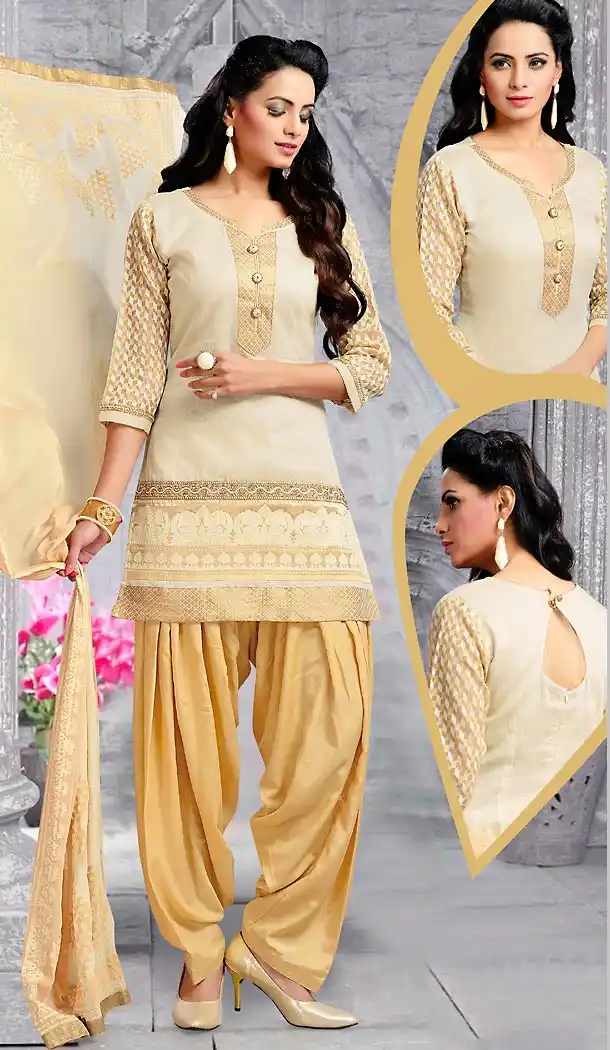 Chanderi Silk Beige Color Straight Cut Punjabi Patiyala Readymade Dresses | FH500476559