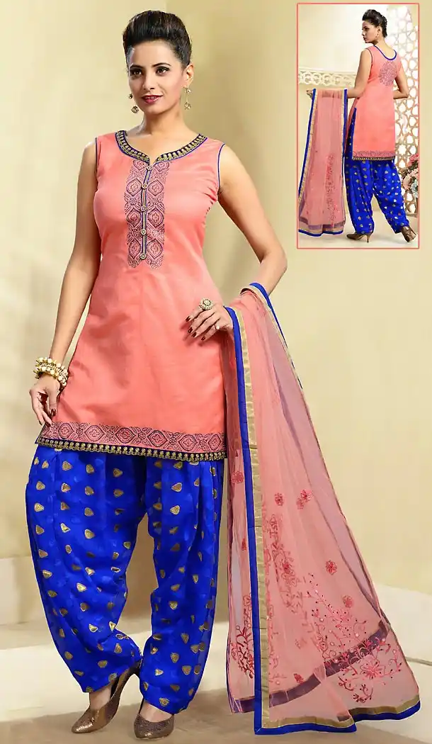 Chanderi Silk Salmon Color Straight Cut Punjabi Patiyala Readymade Dresses | FH500476561