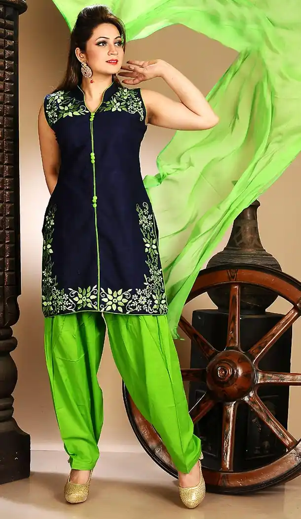 Chanderi Silk Navy Blue Color Straight Cut Punjabi Patiyala Readymade Dresses | FH500476562