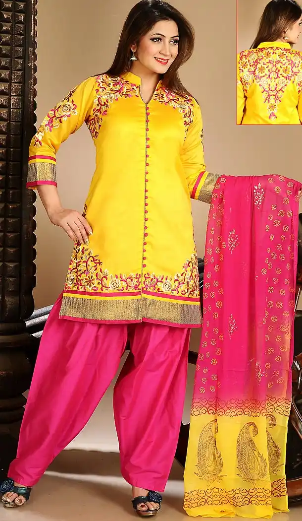 Chanderi Silk Yellow Color Straight Cut Punjabi Patiyala Readymade Dresses | FH500476563