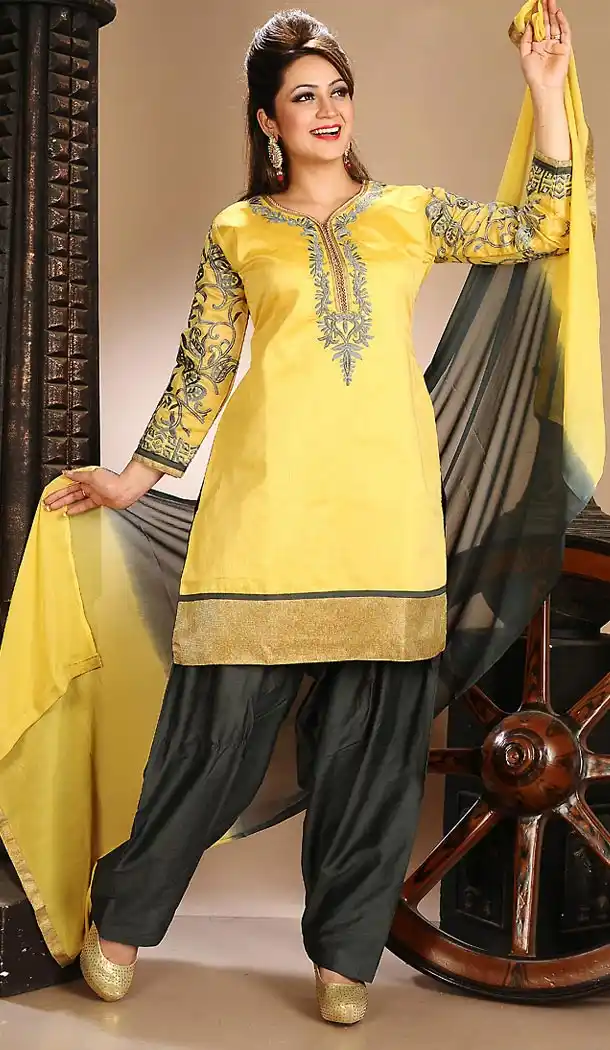 Chanderi Silk Yellow Color Straight Cut Punjabi Patiyala Readymade Dresses | FH500476565