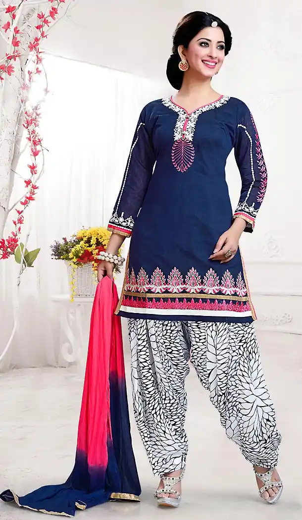 Chanderi Silk Navy Blue Color Straight Cut Punjabi Patiyala Readymade Dresses | FH500476566